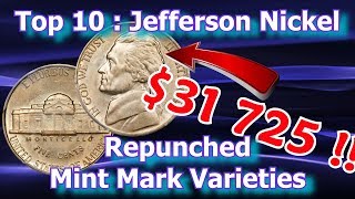 Top 10 Jefferson Nickel Repunched Mint Marks Varieties and Errors Worth Money List [upl. by Noslien751]