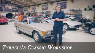 MercedesBenz W107 500 SL  A winning package  Tyrrells Classic Workshop [upl. by Kampmann]