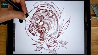 How to draw a Tattoo Design from Beginning to End  Neo Traditional Tiger Sketch [upl. by Frear]