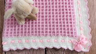 How to Crochet Waffle Stitch Baby Blanket Pretty amp EASY 2row repeat [upl. by Aneehc677]