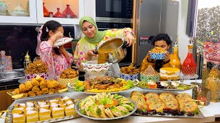 فطور رمضان فيه كلشي شهيوات سهلة وسريعة عشاء السحور مائدة كاملة من المملحات حتى العصير تحلية دجاج بس [upl. by Nyladnar]